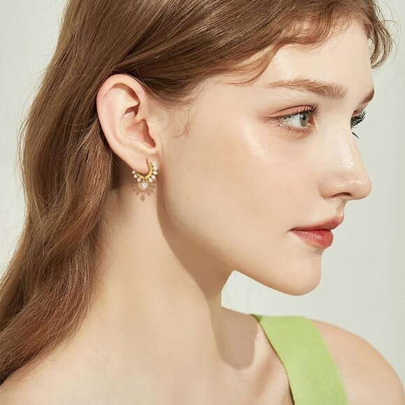 Pearl Hoop Earrings Gold 14K Women's Romantic Wedding Elegant Gift - Picture 3 of 7